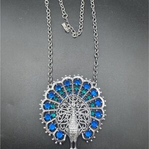 Vtg BLUE GREEN Gold Crown Inc PEACOCK Statement Pendant NECKLACE Silver Tone